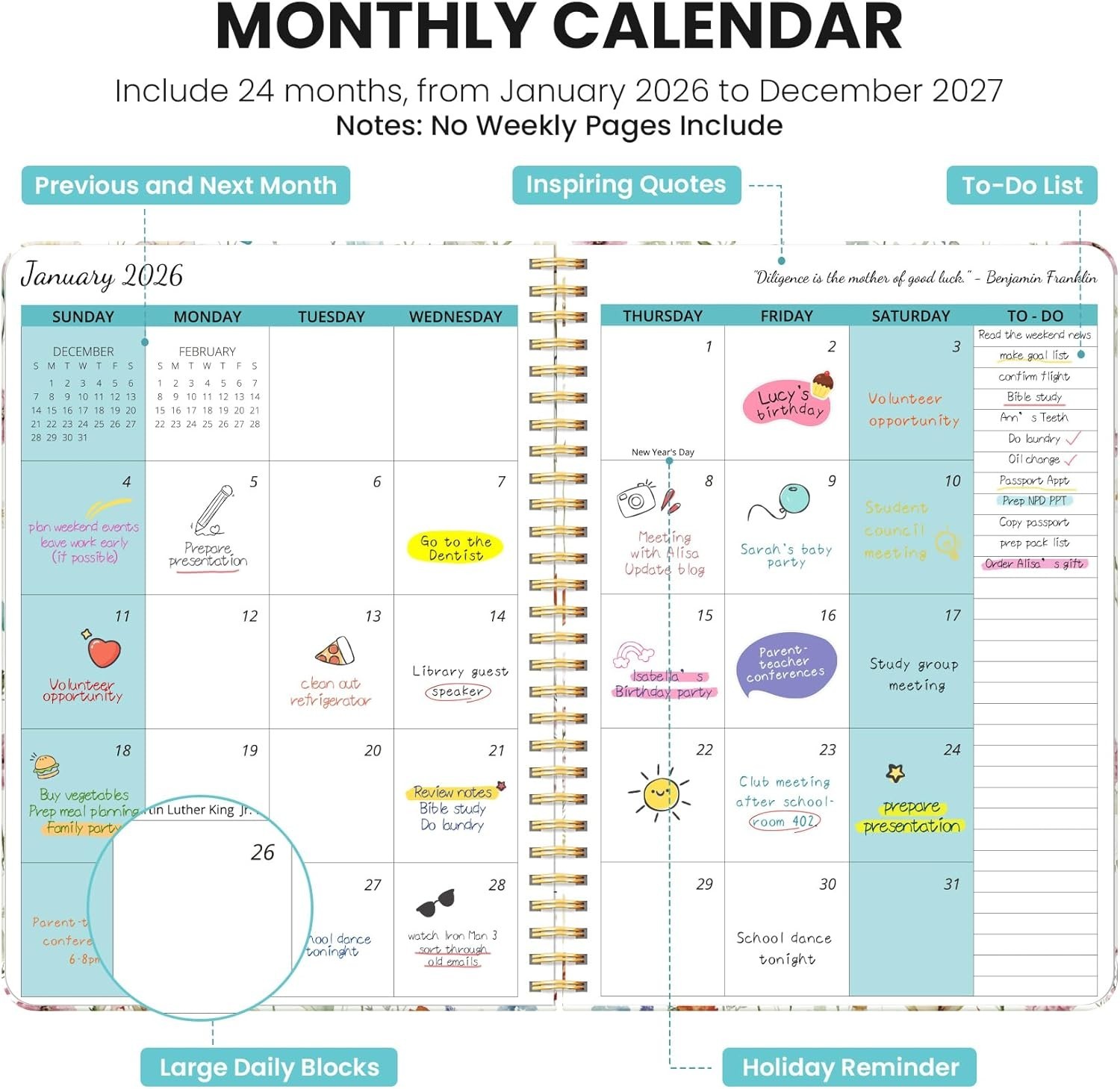 Spiral-Bound 2026-2027 Monthly Planner – Aesthetic Wildflower Design, 7″ x 10″