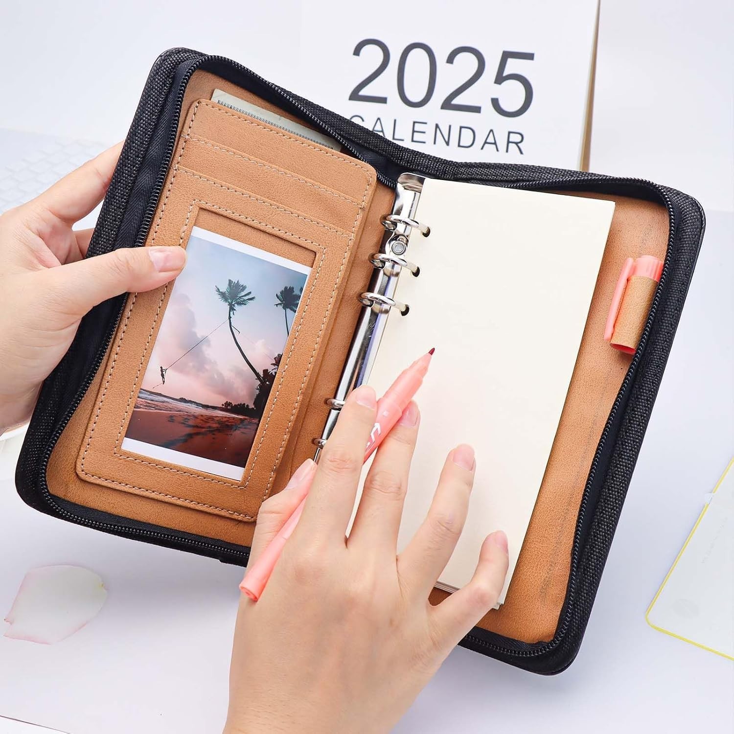Black A6 Budget Binder Zipper PU Leather Binders Cover Refillable 6 Rings Loo…