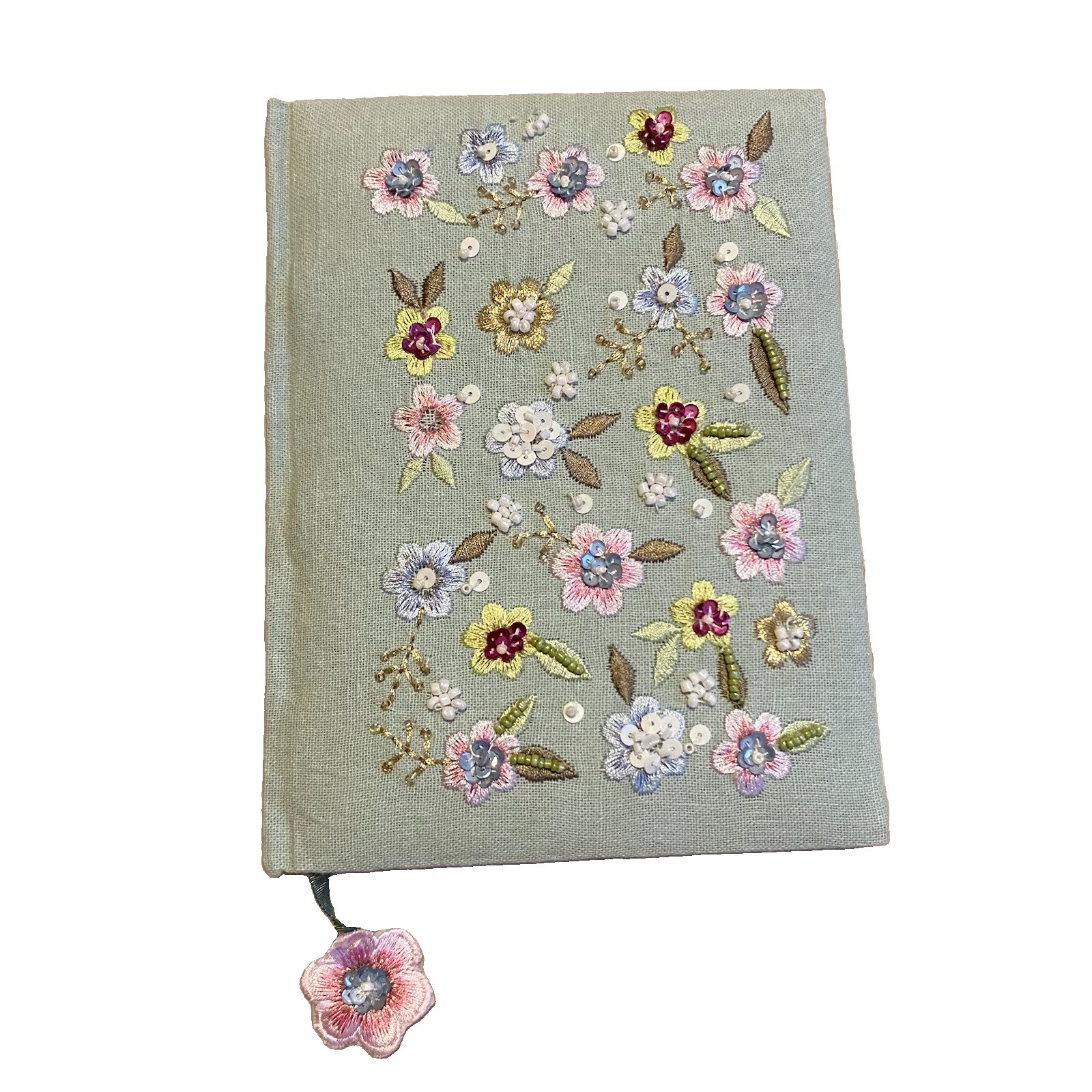 Journal Handcrafted Hand Embroidered Floral Linen Green Handmade India Beaded