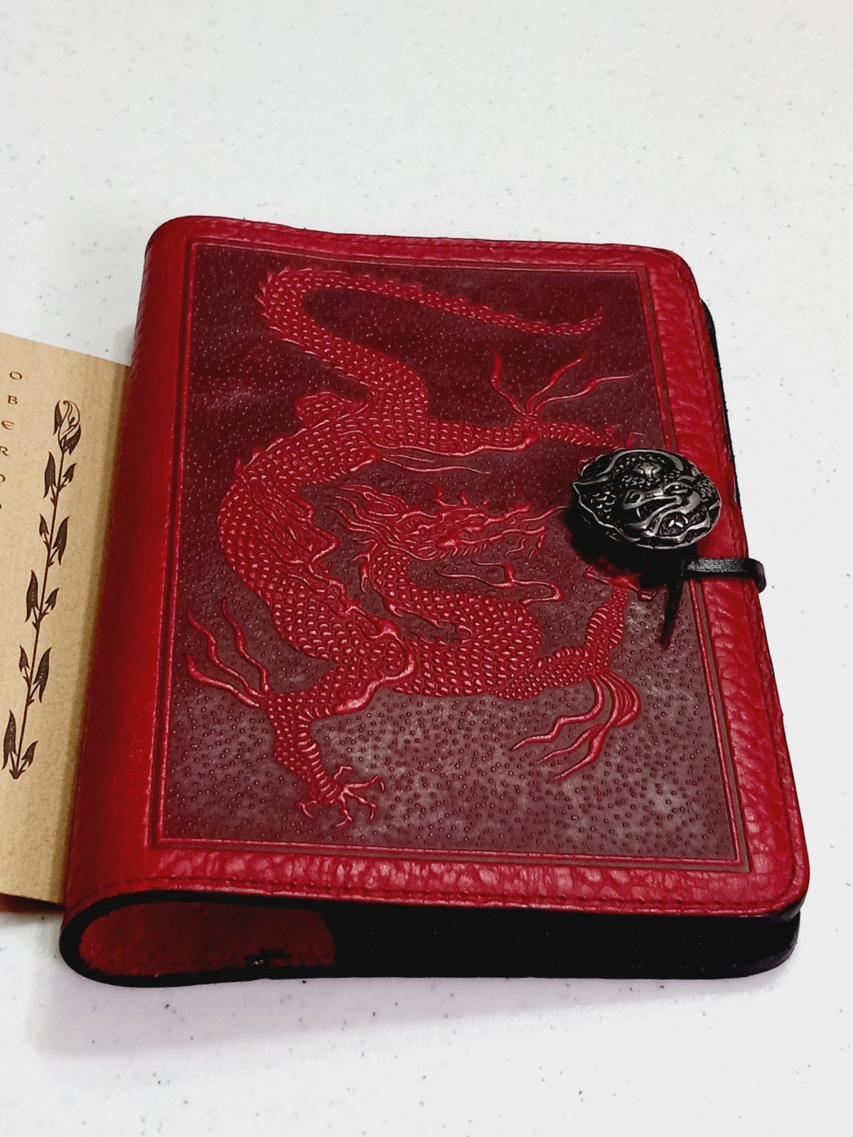 Oberon Design Burgundy Leather Journal Cover Embossed RED Dragon Design