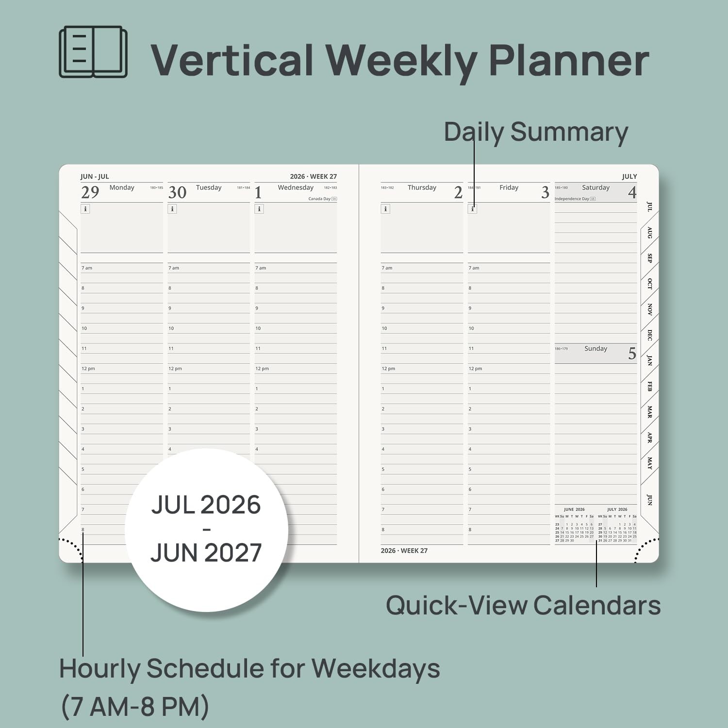 2026 2027 Academic Weekly Monthly Planner 6.5×8.5 Black Soft Cover Hourly