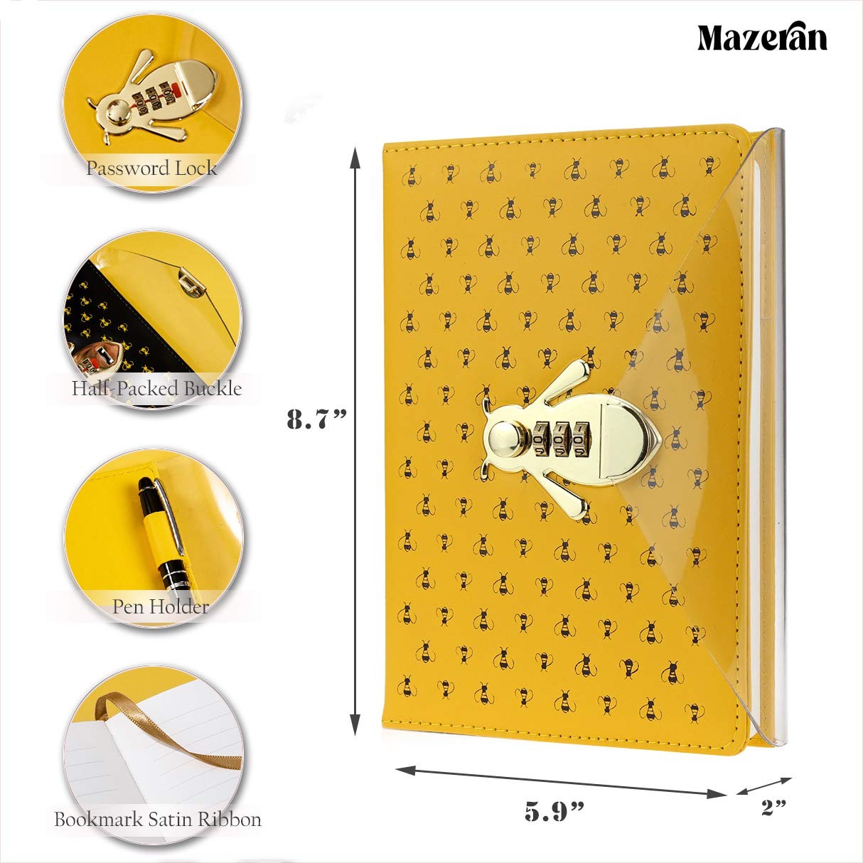 Mazeran Bee Shaped Combination Lock Journal, PU Leather Hard Yellow Bees