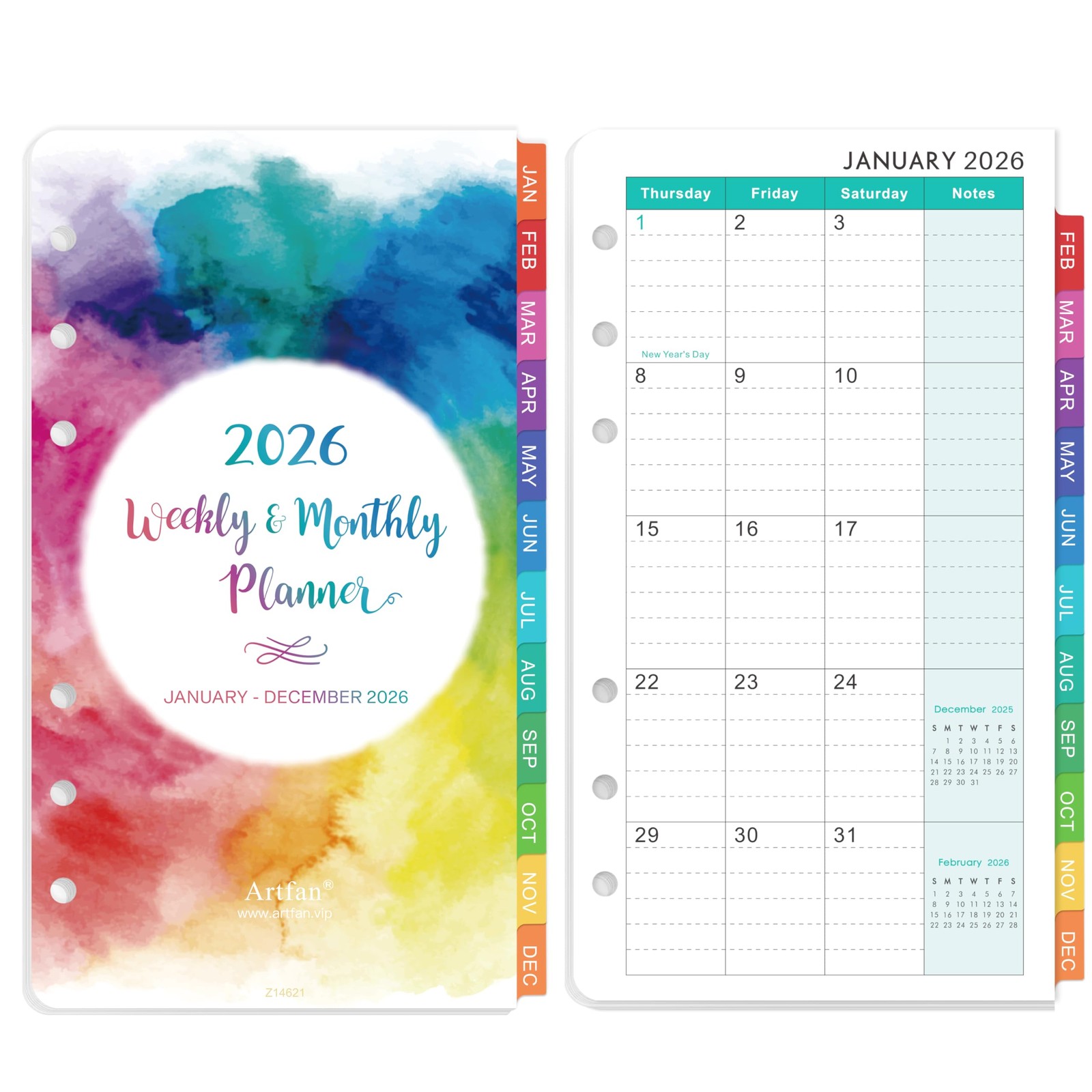 Small Multicolored 2026 Planner Refill with Monthly and Weekly Pages