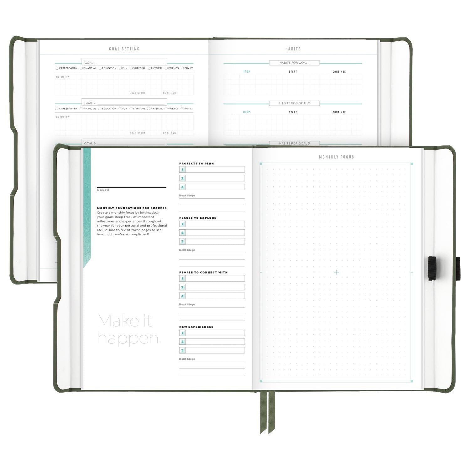 At a Glance Hardcover Planner Three Step Goal System Undated 12 Months Green