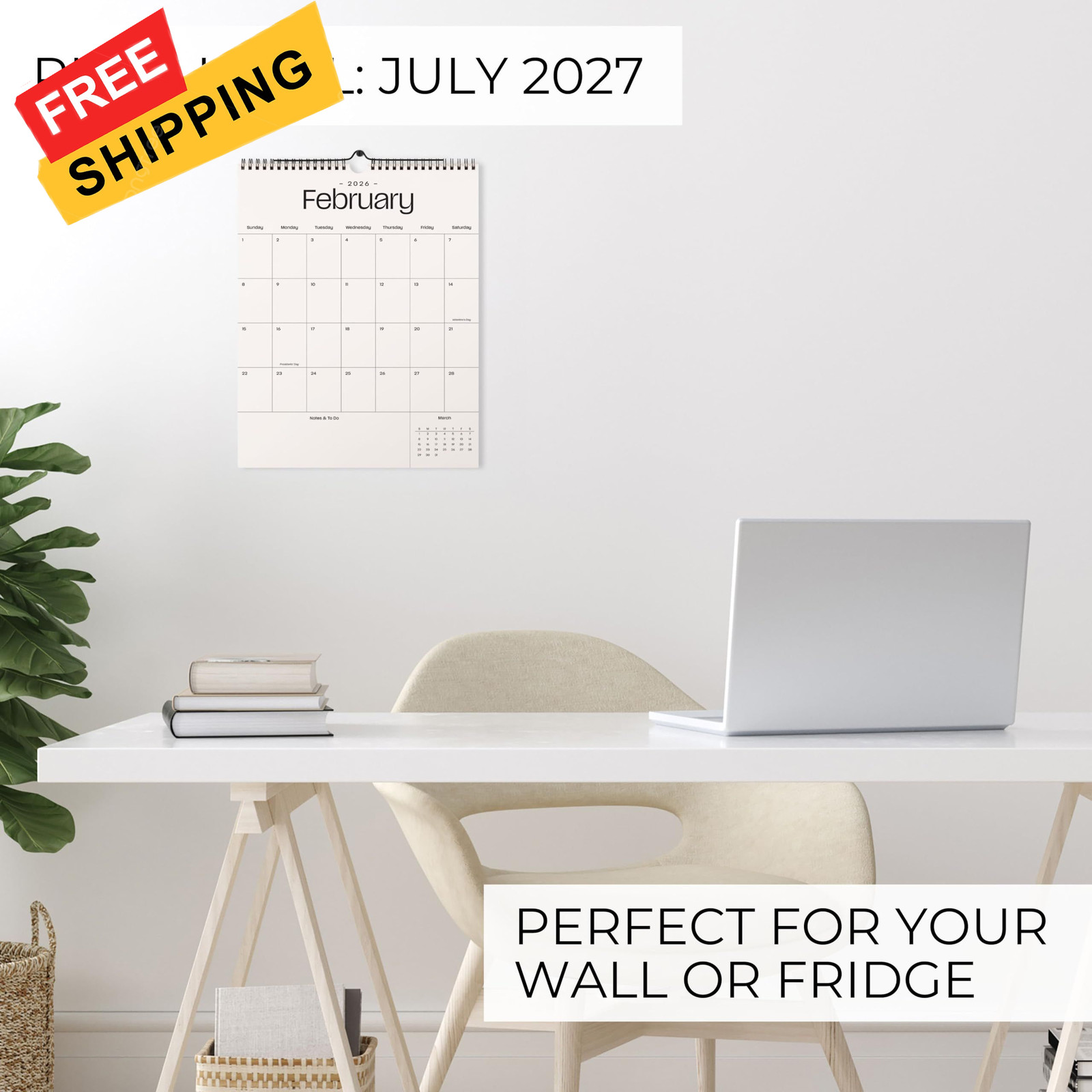 Beautiful 2026 Wall Calendar – Runs from January 2026 until July 2027 – Beige
