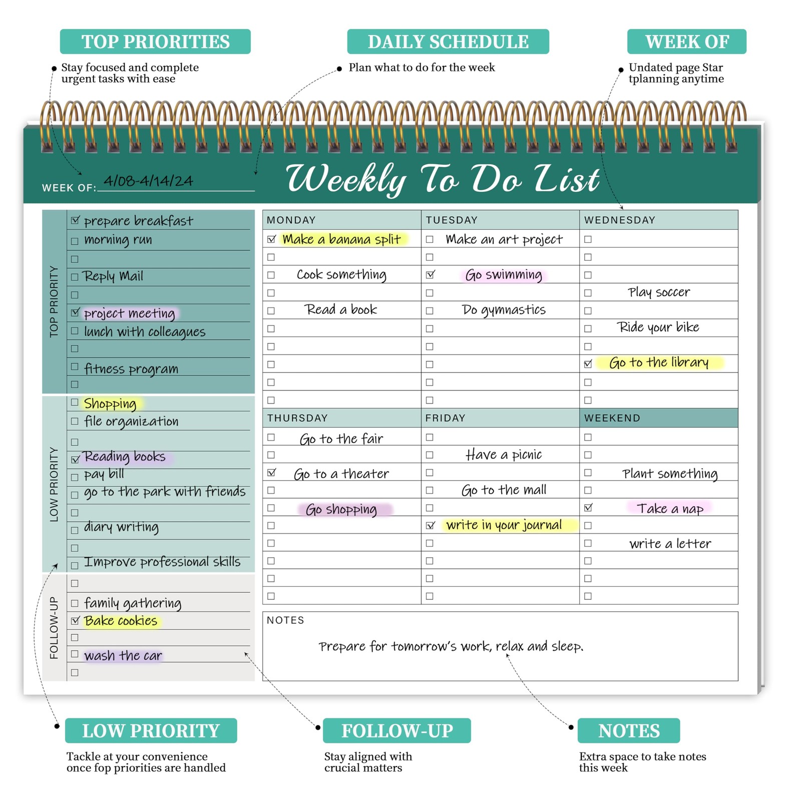 Kamoy Weekly To Do List Notepad with 52 Undated Sheets（8.5″×11″）- Green
