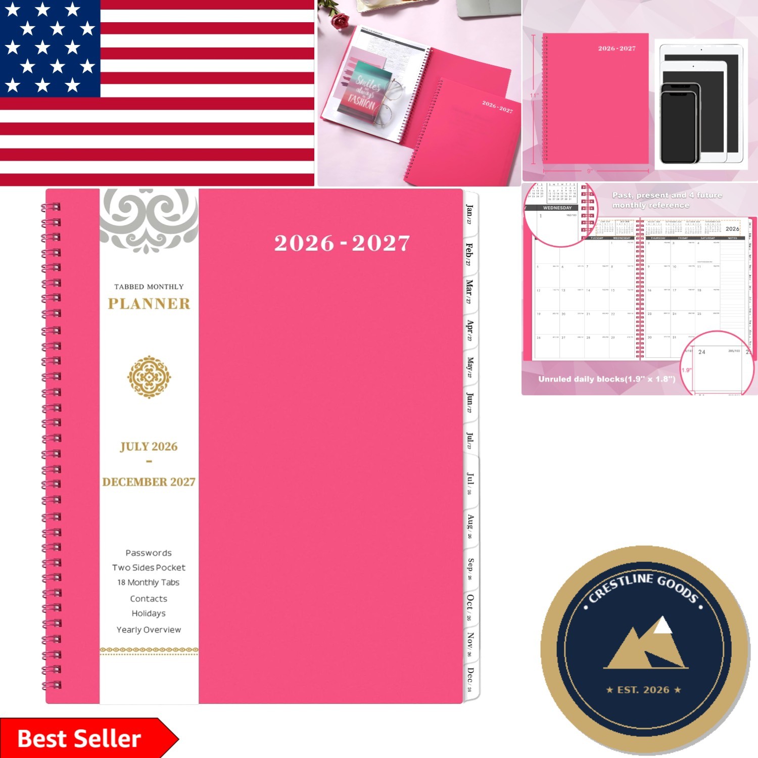 Chic 2026-2027 Monthly Organizer – Stylish Rose Red with Twin-Wire Binding
