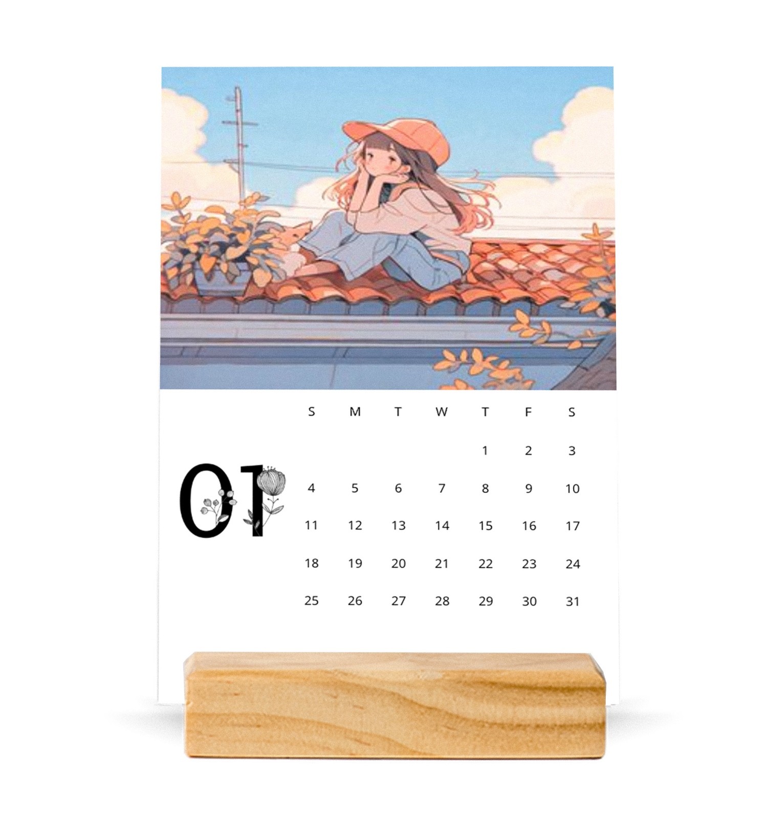Kawaii Anime Girl Living Alone 2026 Desk Calendar, Wood Stand Vertical Calendar