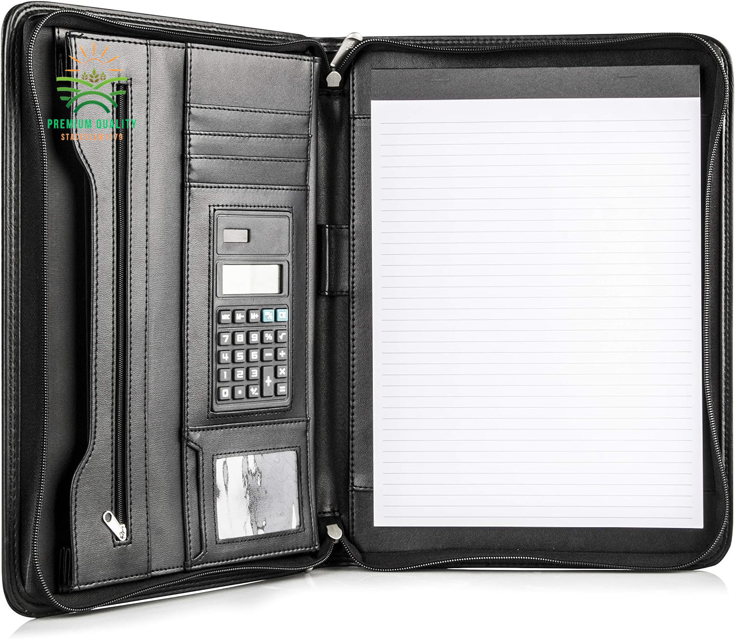 Black Leather Business Portfolio with Zipper–Padfolio – 10.1 Inch Tablet Sleeve