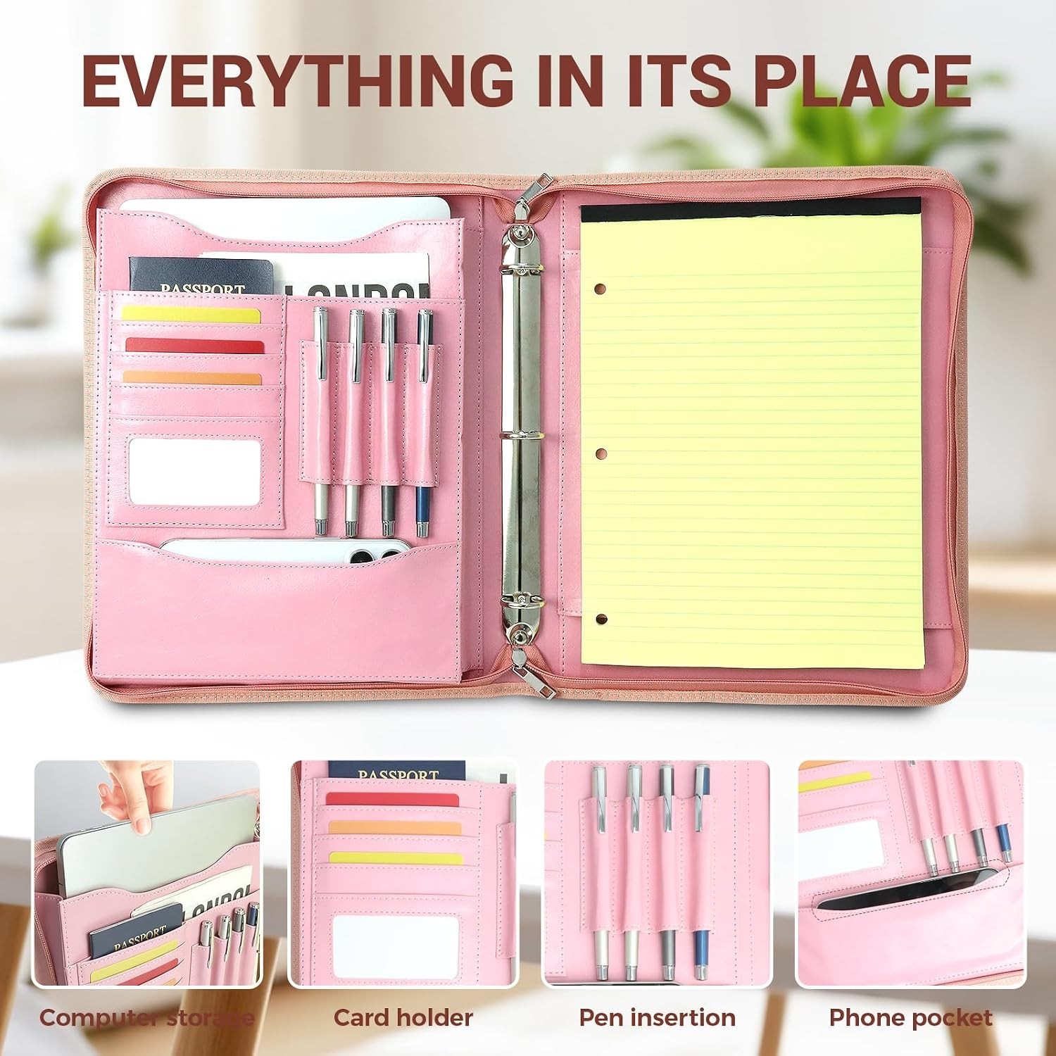 Faux Leather Zippered Padfolio with 3 Ring Binder, Executive Portfolio Organi…