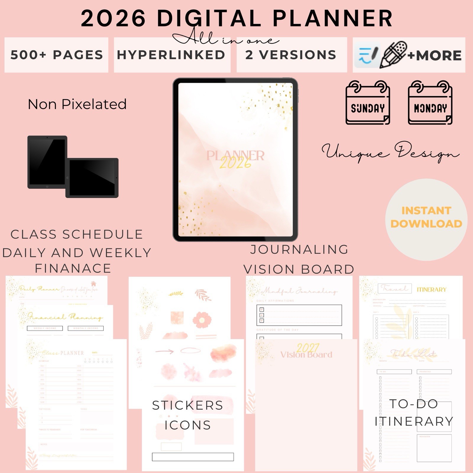 2026 Digital Planner Hyperlinked Daily Weekly Monthly Large