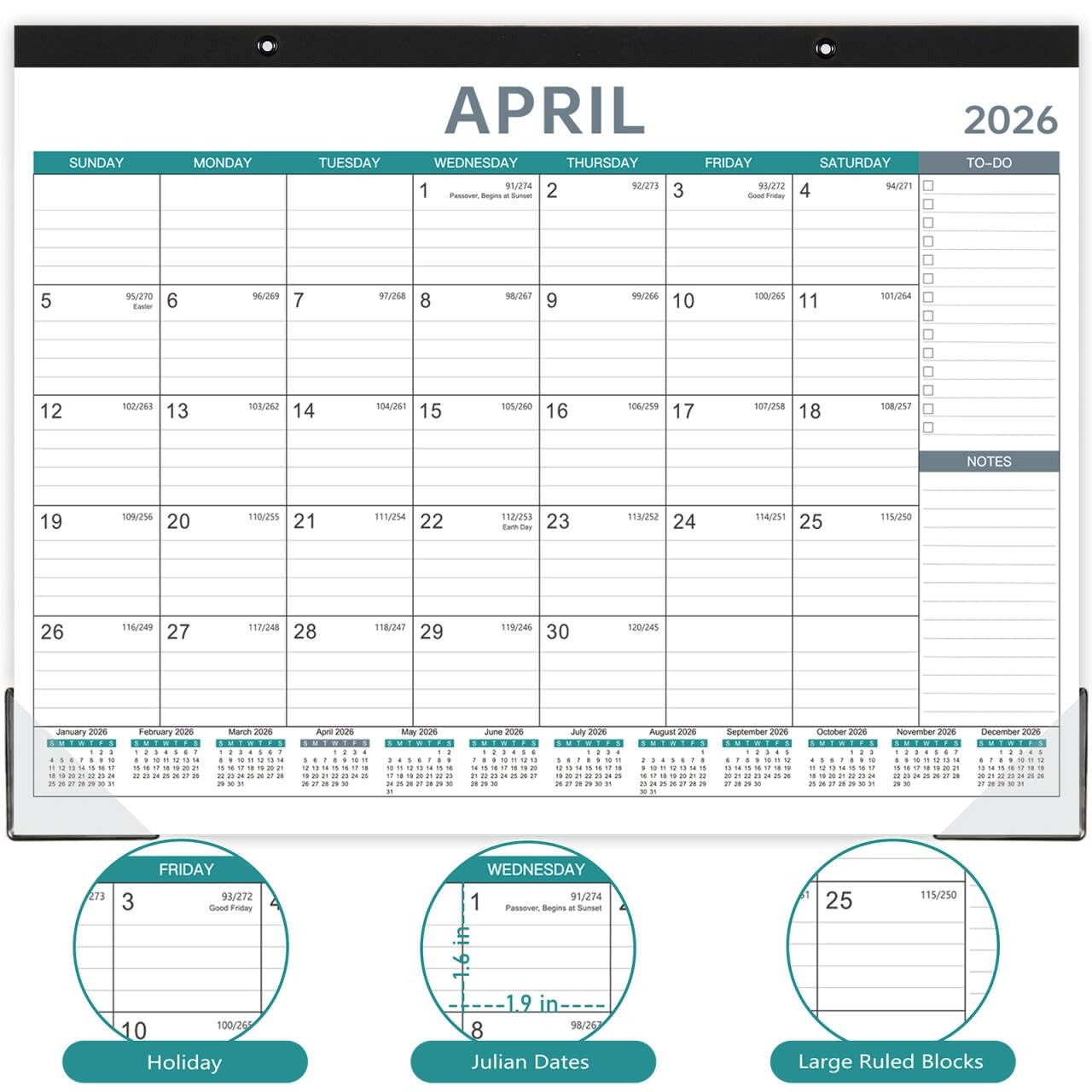2026 Desk Calendar – Large 17″ x 12″, Black, Grey, Blue, Purple, Red