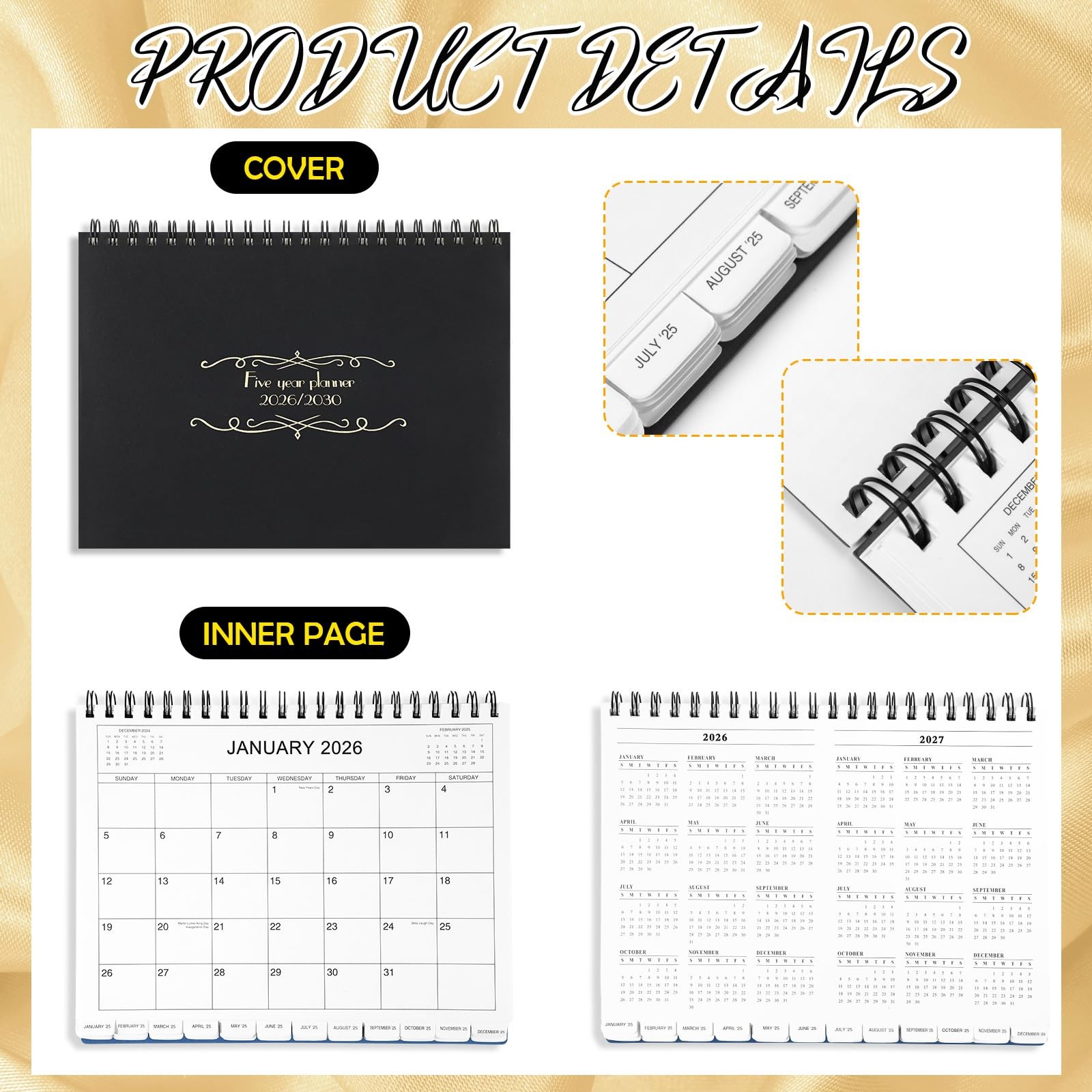 Zhanmai 5 Year Planner Calendar with Tabs 2026 to 2030 10.4″W x 1.2″H, Black
