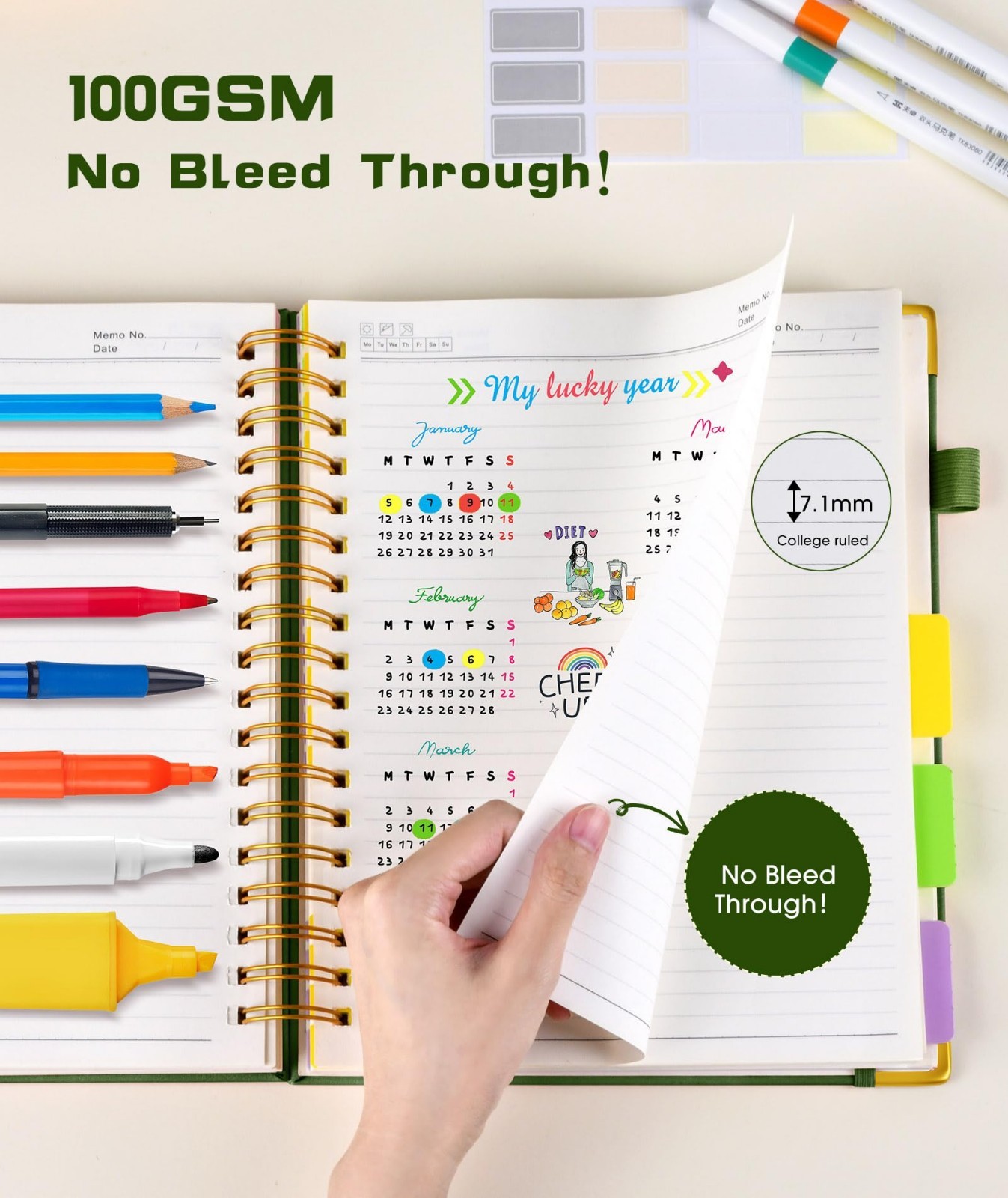 Large 5-Subject Hardcover Spiral Notebook with Removable Dividers, 300 Pages, Co