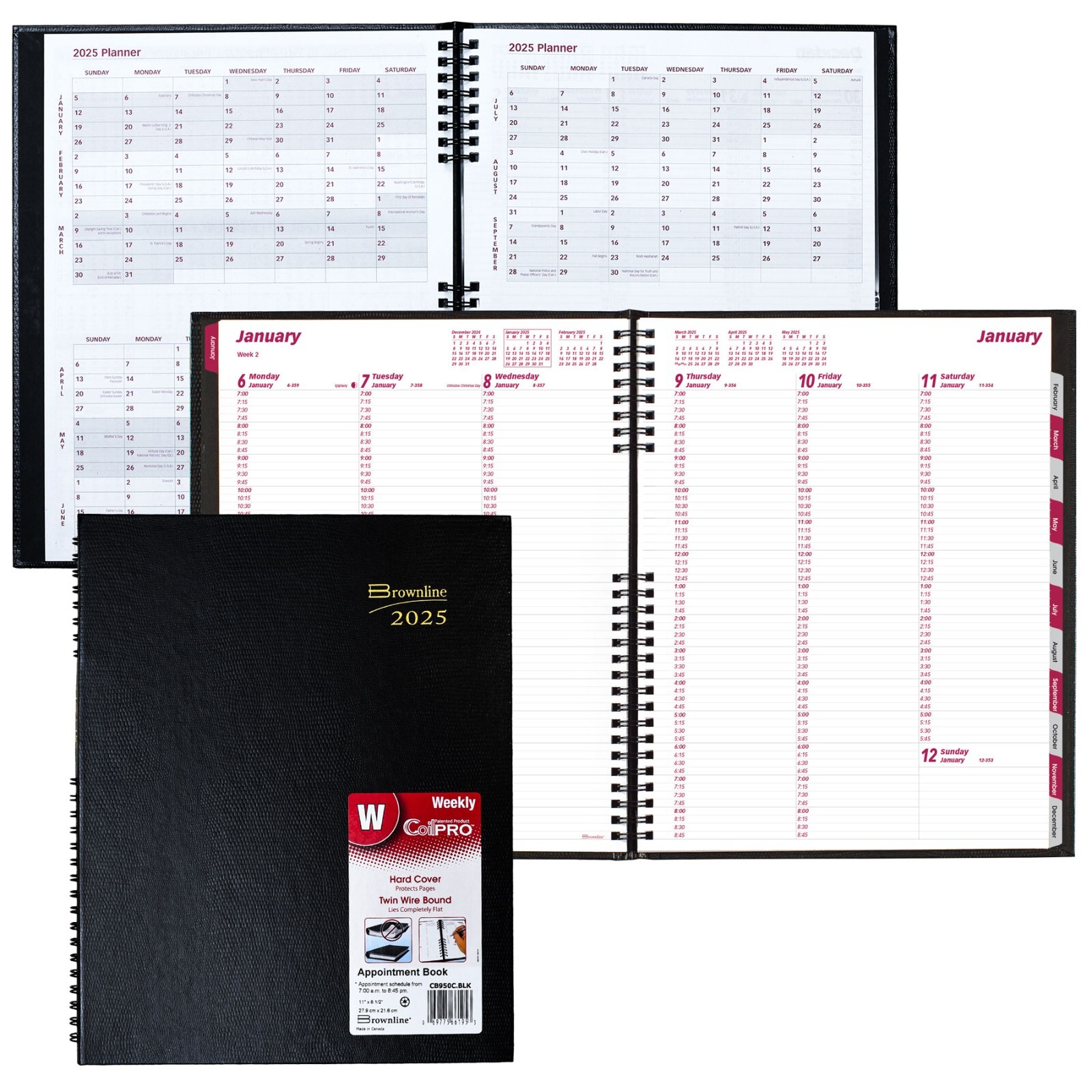 2025 Brownline CB950C.BLK CoilPRO Hard Cover Weekly Appointment Book, 8-1/2 x 11