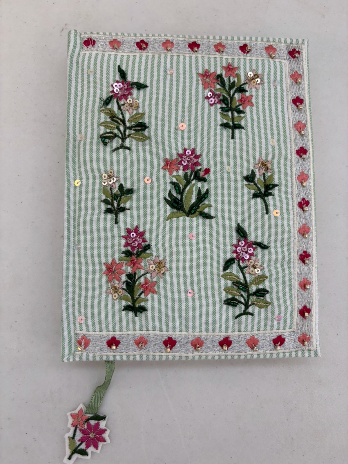Fabric Journal Notebook Green Stripe Floral Sequin Made in India