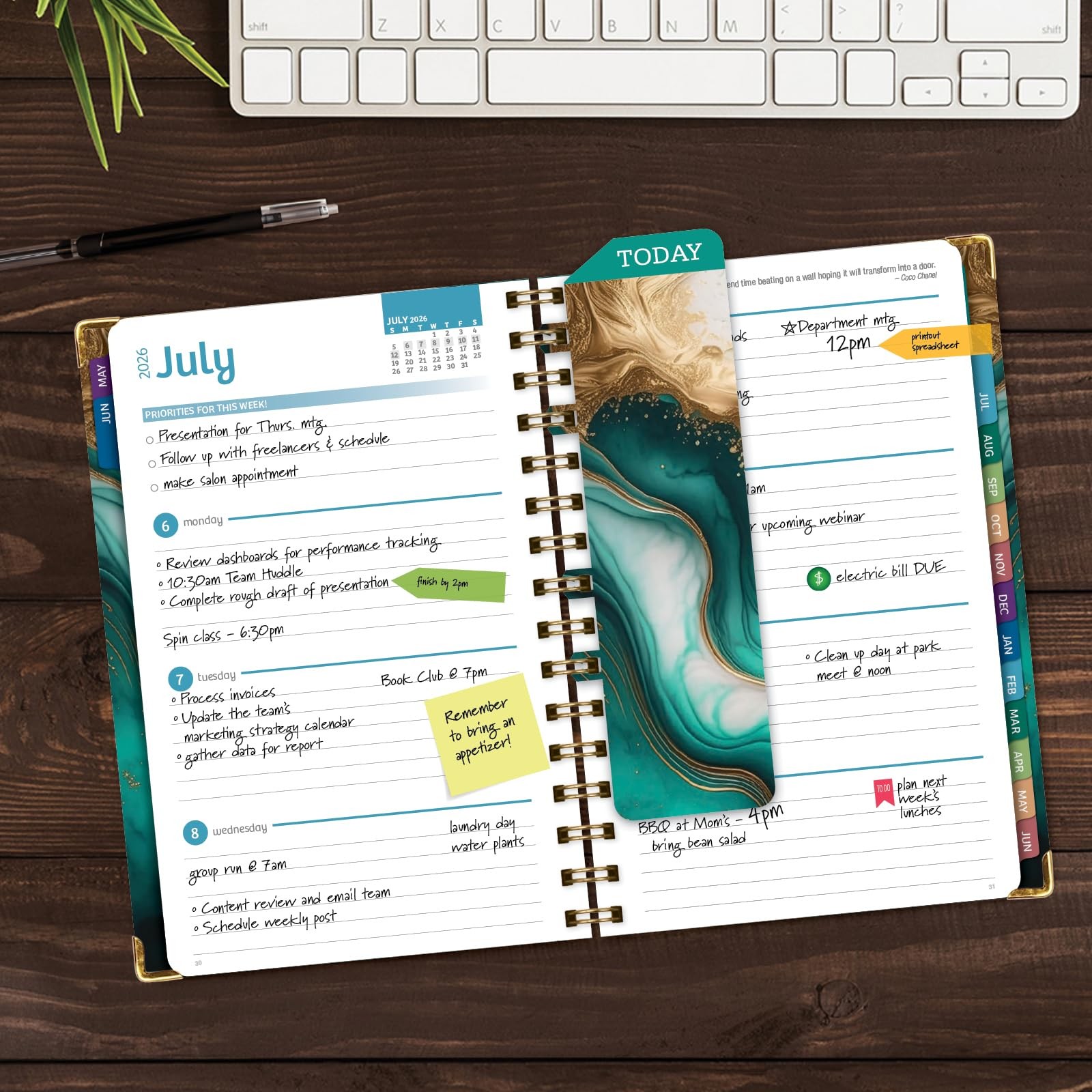 HARDCOVER Academic Year 2026-2027 Planner: 14 5.5″ x 8″, Teal Gold Marble