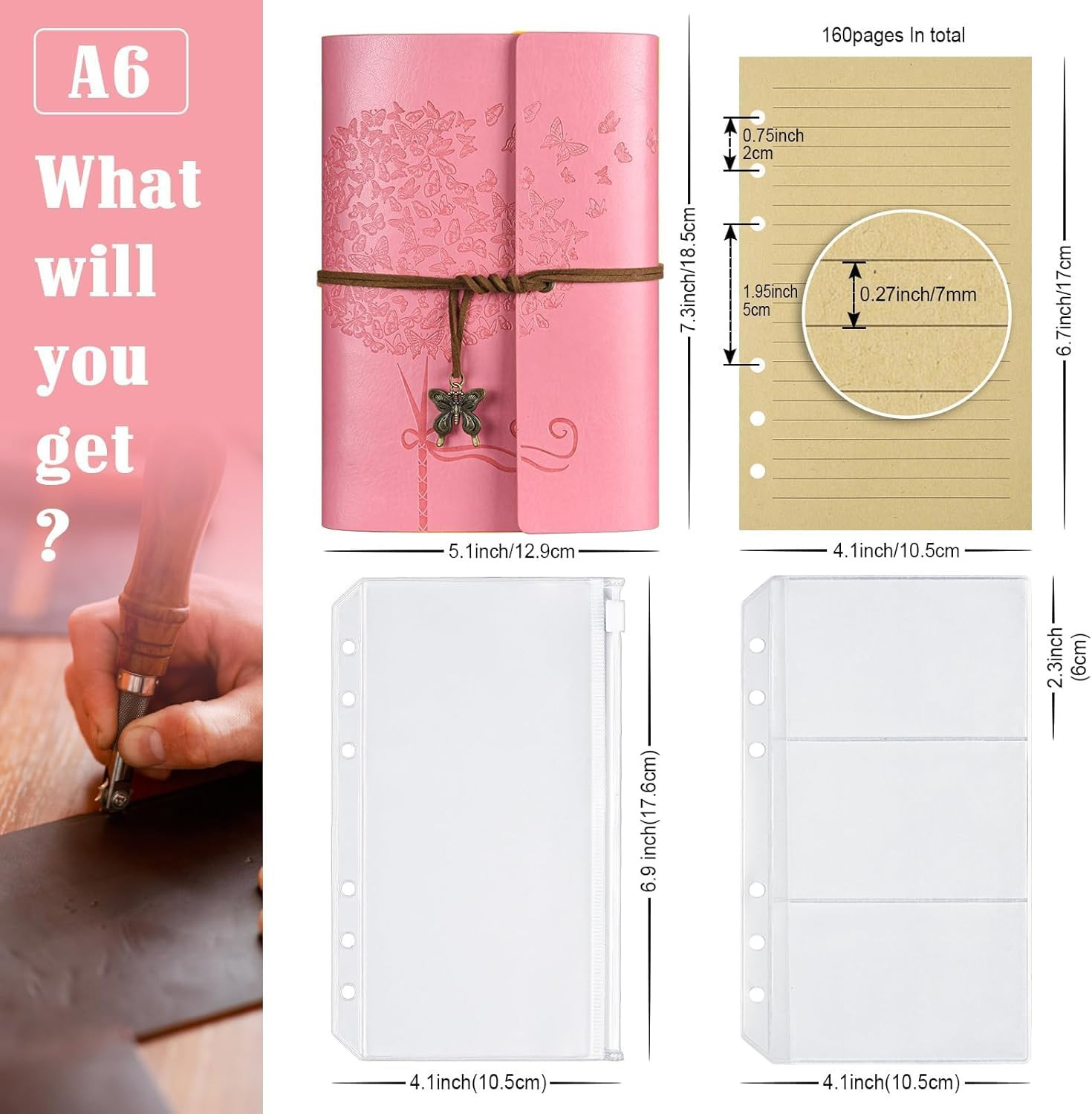 Leather Journal Notebook, Vintage Refillable Journal with 2 PVC Pockets, Travel