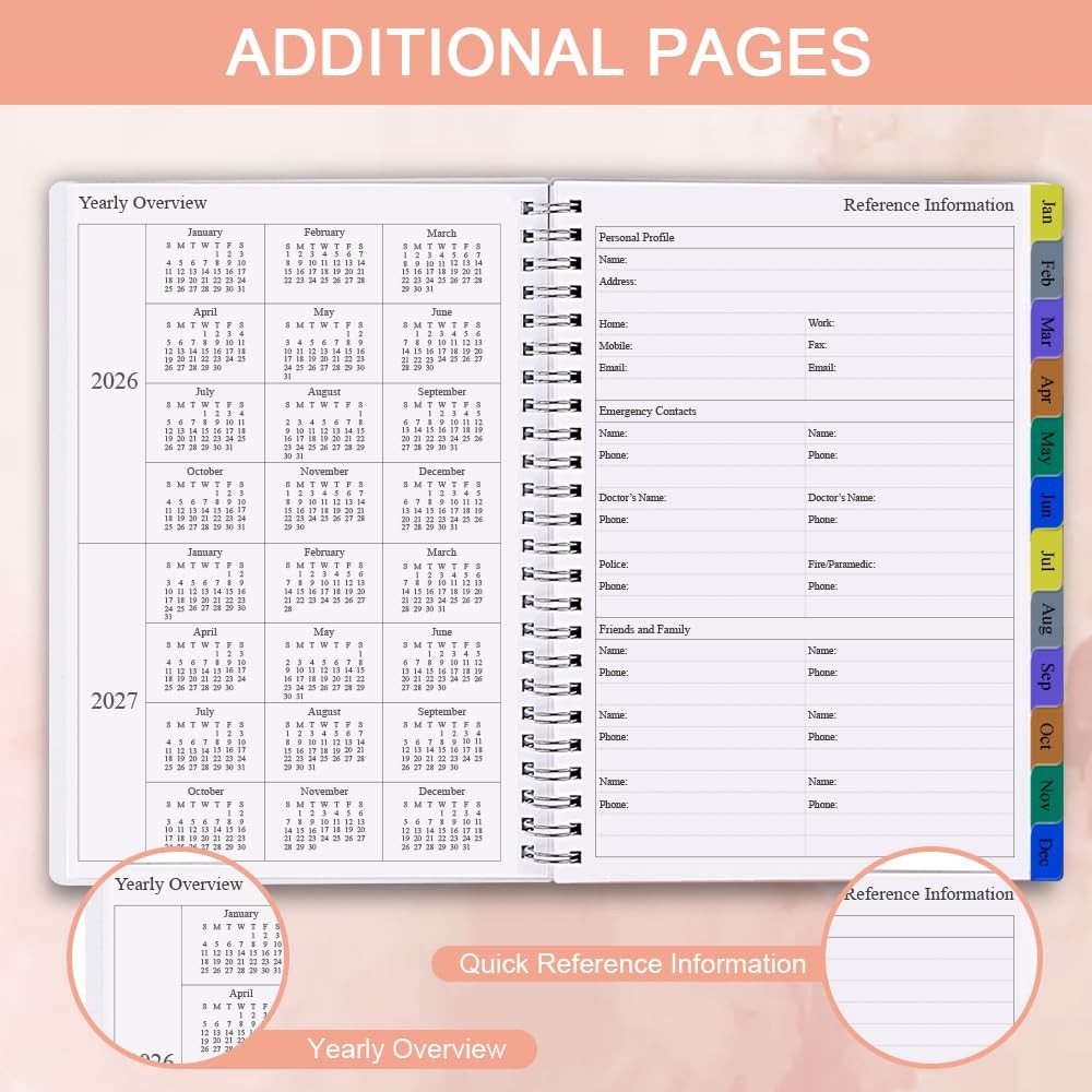 2026 Planner, 12 Monthly Tabs, 14 Notes Pages, Inner Pocket, Flexible Cover