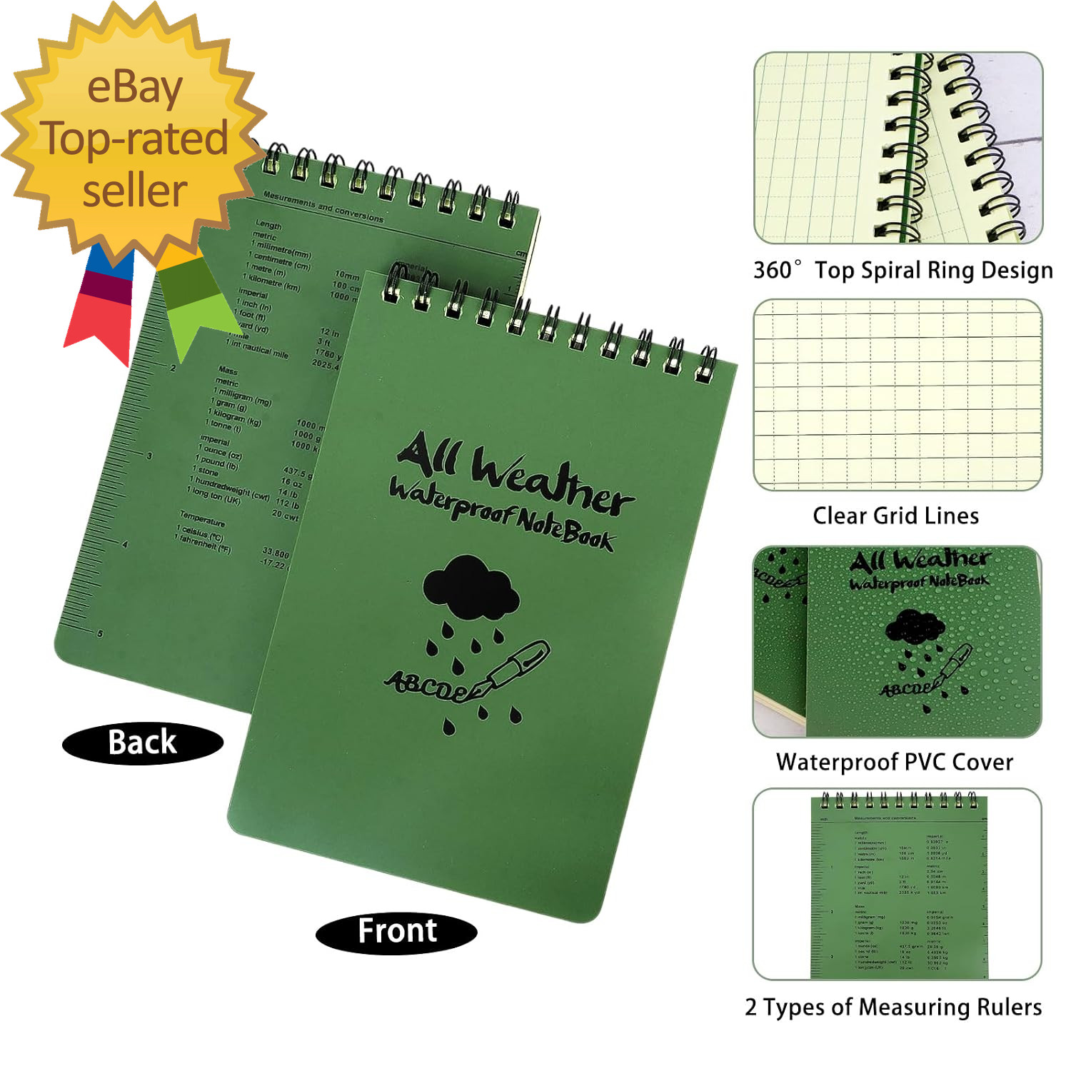 Pocket Weatherproof Top Spiral Notebook Waterproof Tactical Green Cover Memo