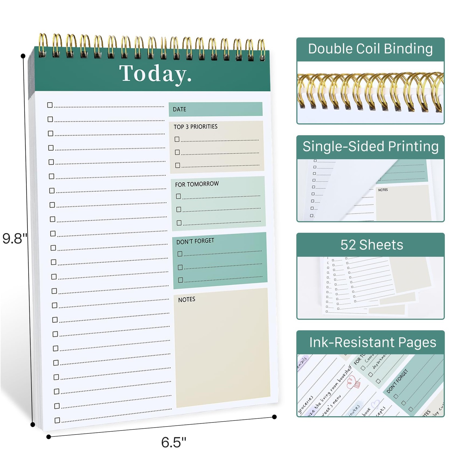 To Do List Notepad – Notebook for Work 6.5 x 9.8 inches, Green
