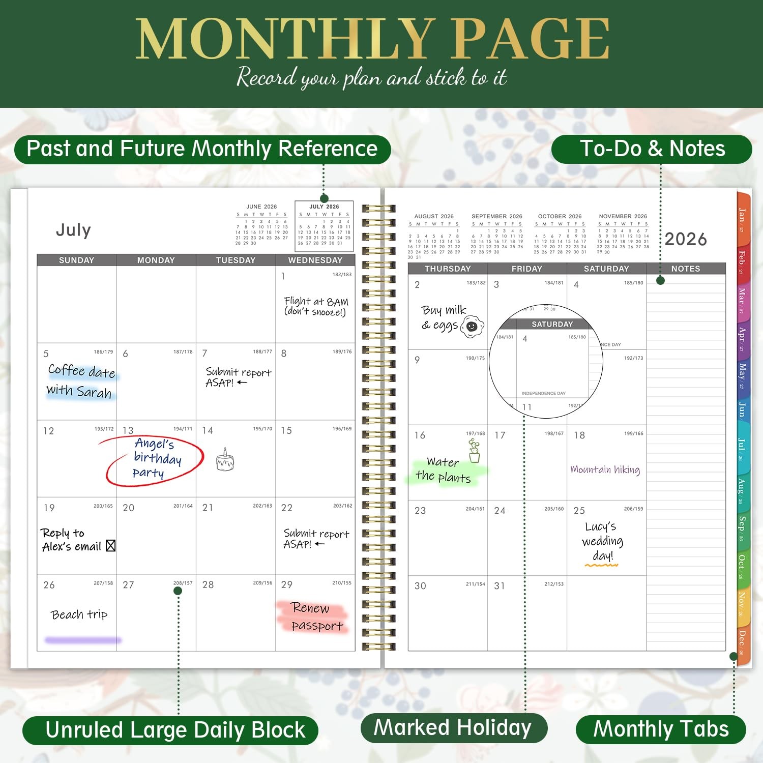 2026-2027 Monthly Planner – Academic 9″x11″, Green & Floral