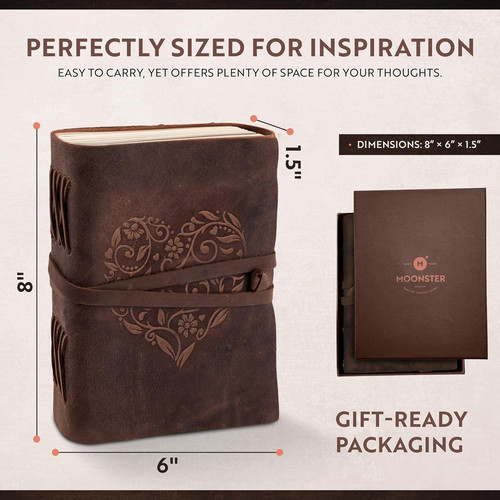 moonster Leather Journal with Embossed Heart Shape – Non 8″ x 6″, Brown