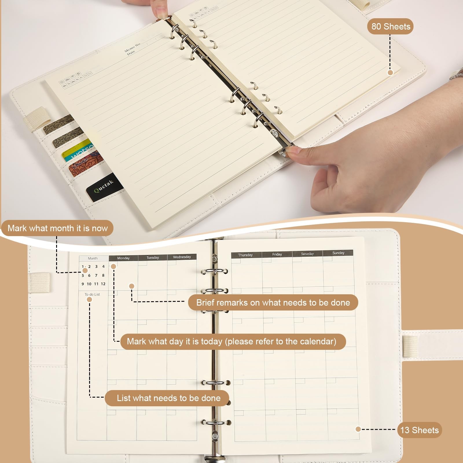 A5 6 Ring Planner Binder – Refillable PU Leather Notebook Organizer A5, Beige