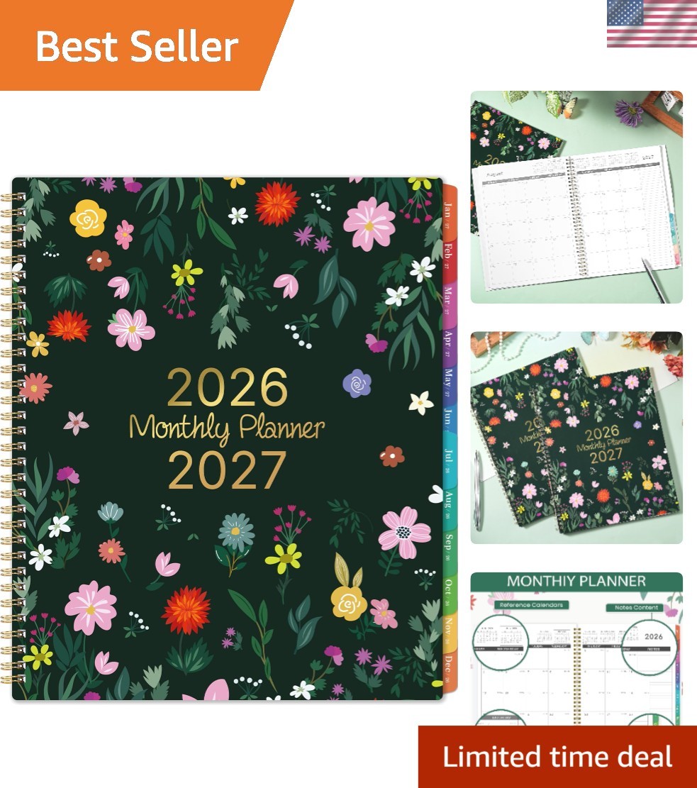 2026-2027 Monthly Calendar – 9″ x 11″ with Colorful Tabs and Back Pocket