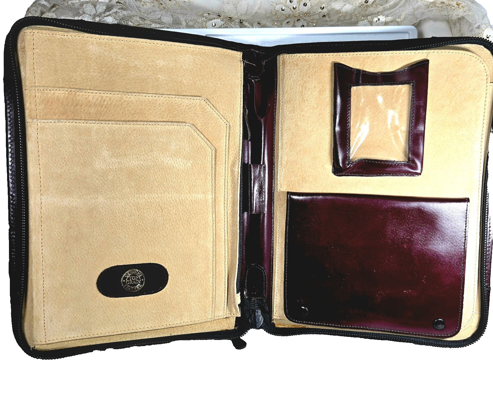 VTG Burgundy Genuine Top Grain Leather Portfolio Organizer Binder 14×10.5″ YKK Z