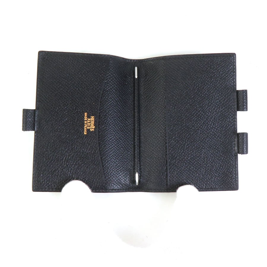 Auth HERMES Agenda/Note Cover Ballpoint Pen Set Black/Silver Leather/925 e61942a