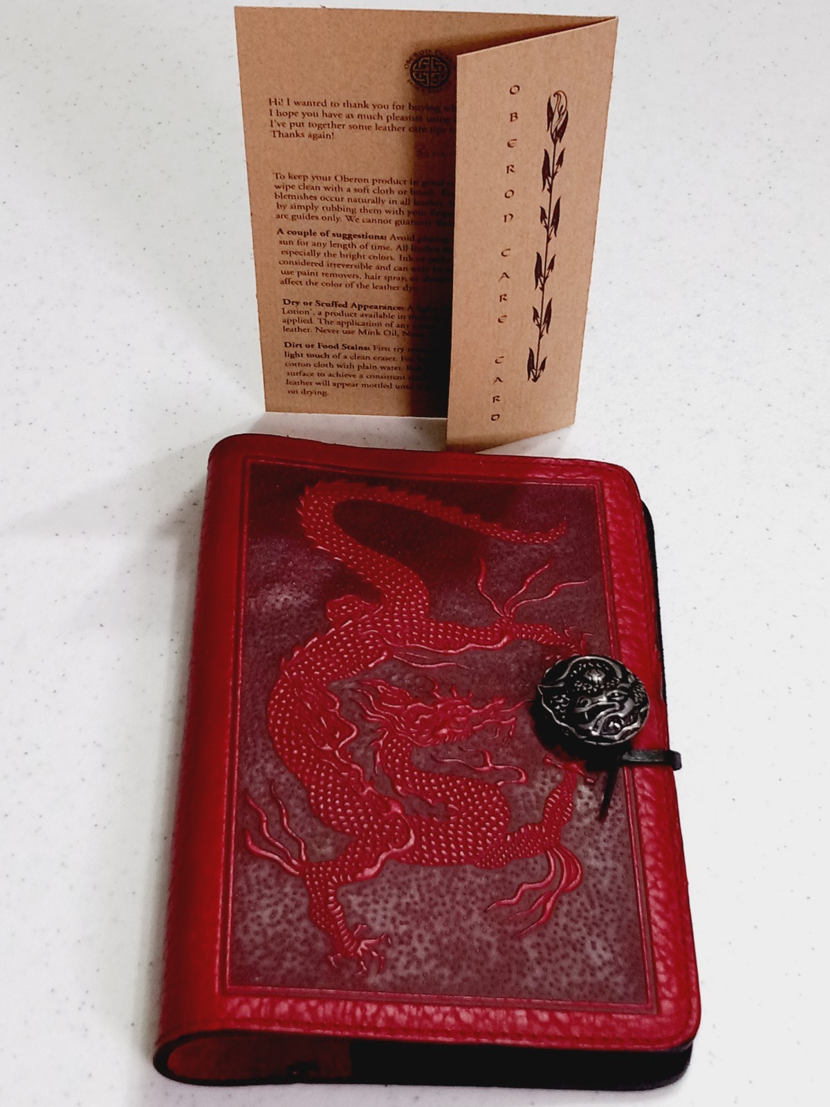 Oberon Design Burgundy Leather Journal Cover Embossed RED Dragon Design