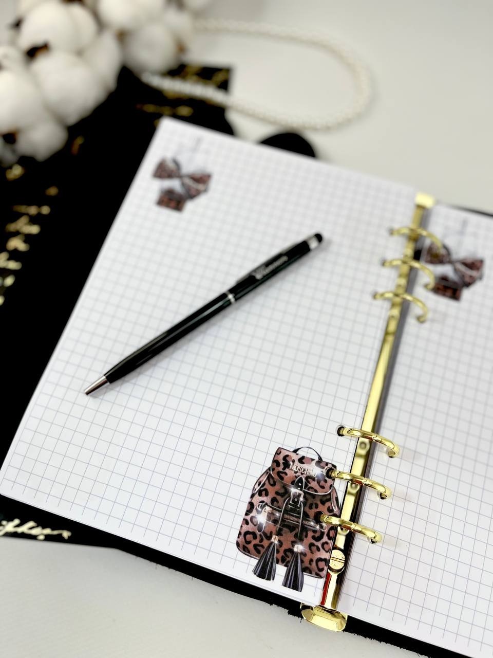 Midnight Luxe: Black & Gold A5 Leather Binder. Cat leather planner A5. Gift A5.