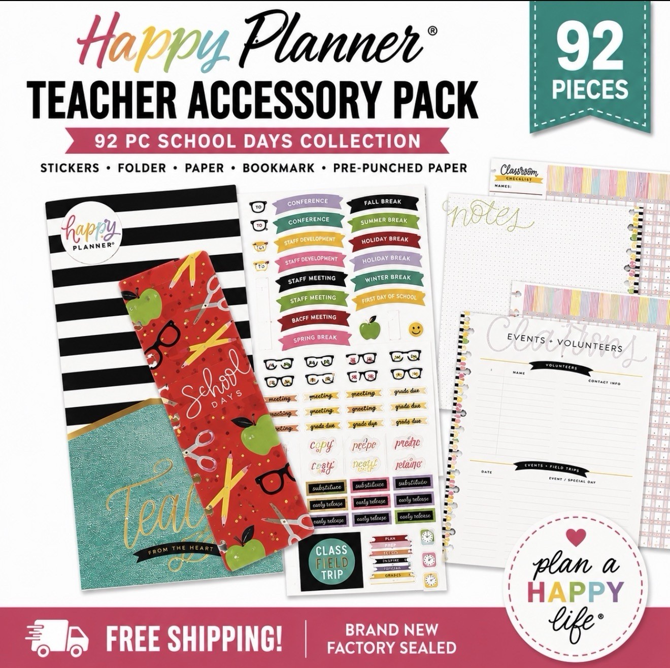 Happy Planner Teacher Accessory Pack 92 Pc Stickers Folder Bookmark Paper New