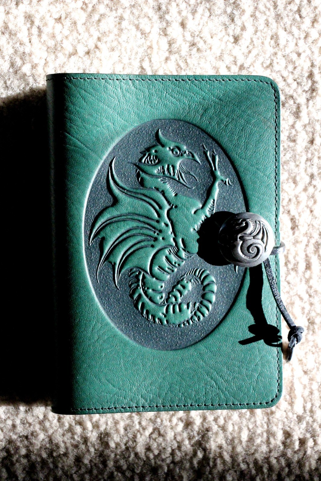 Oberon Design Leather Small Journal Cover DRAGON-COCKATRICE in DARK GREEN