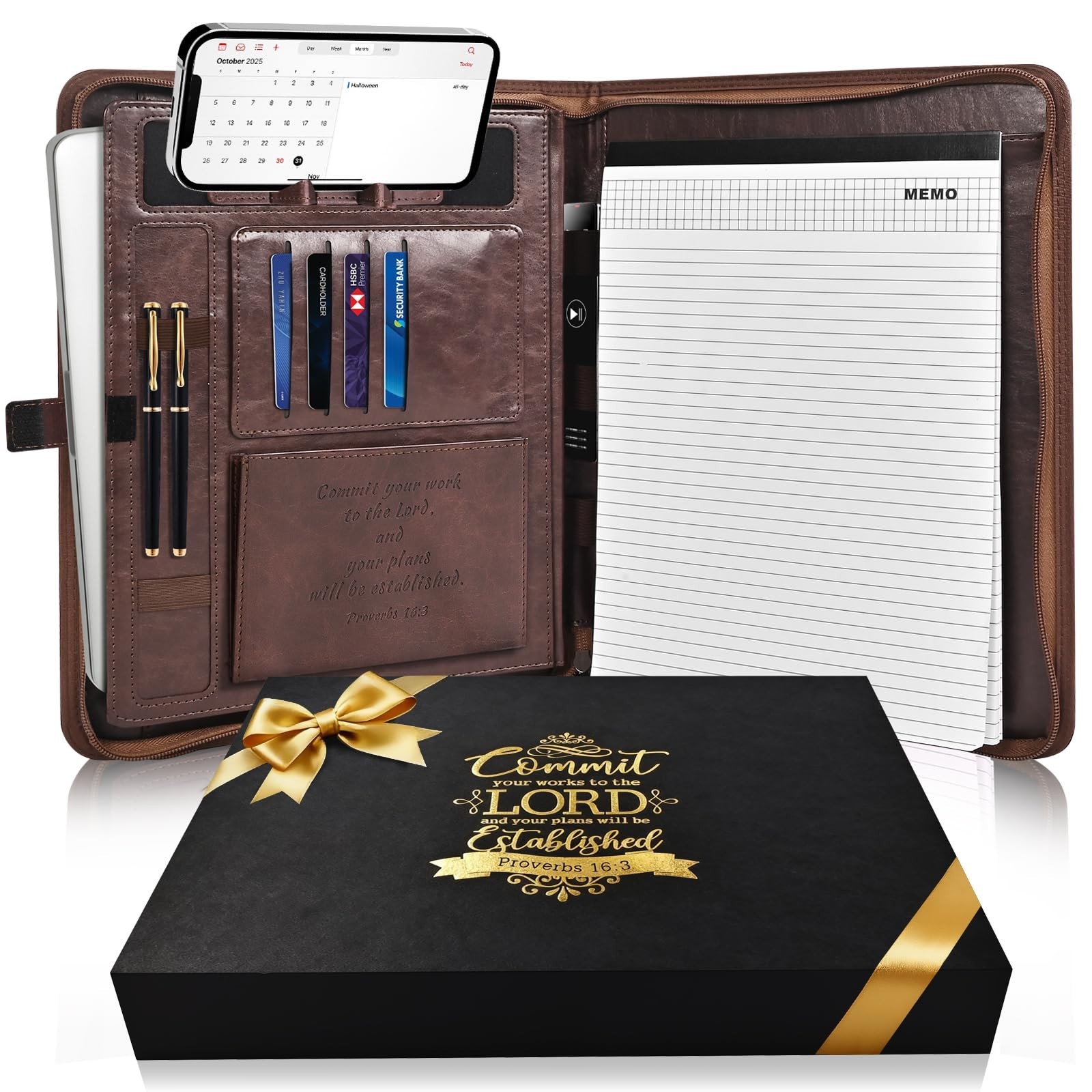 Men’s Leather Portfolio with Laptop Pocket, Zippered Padfolio Binder, Business O
