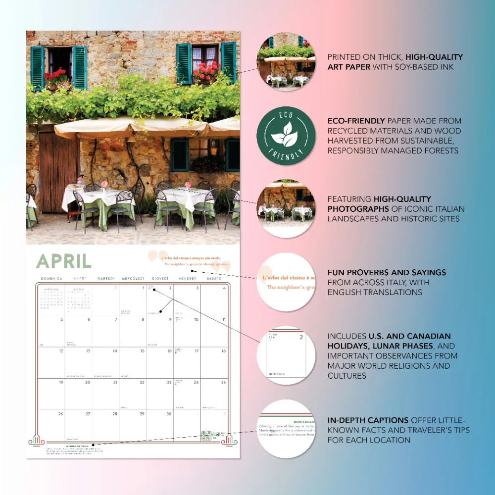 Italy Calendar 2026 | 12″ x 24″ 12 Month Calendar | Marble City Press
