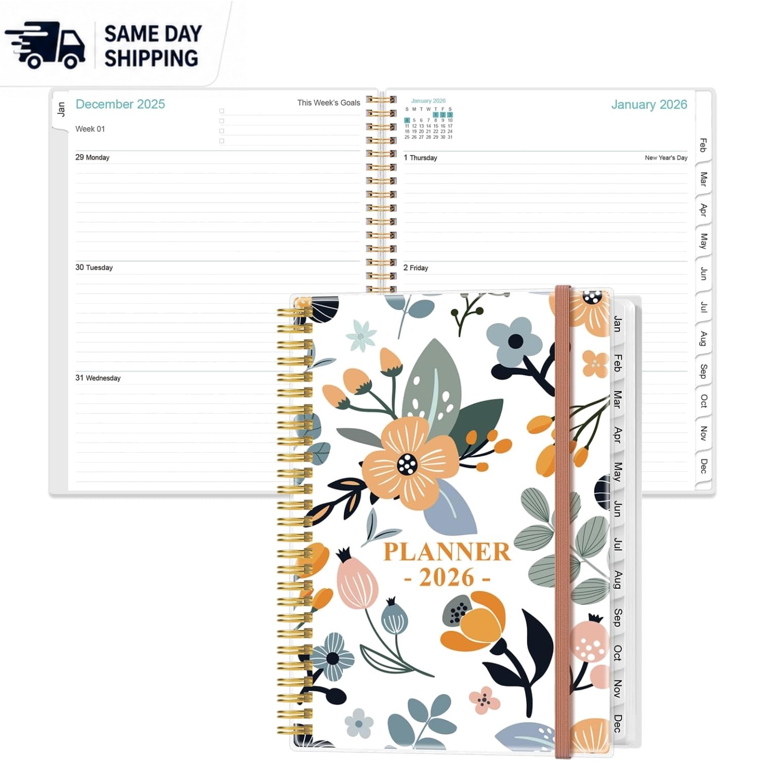 Rose-Floral 2026 Planner – Weekly/Monthly Organizer, 8.5×11, Durable & Elegant