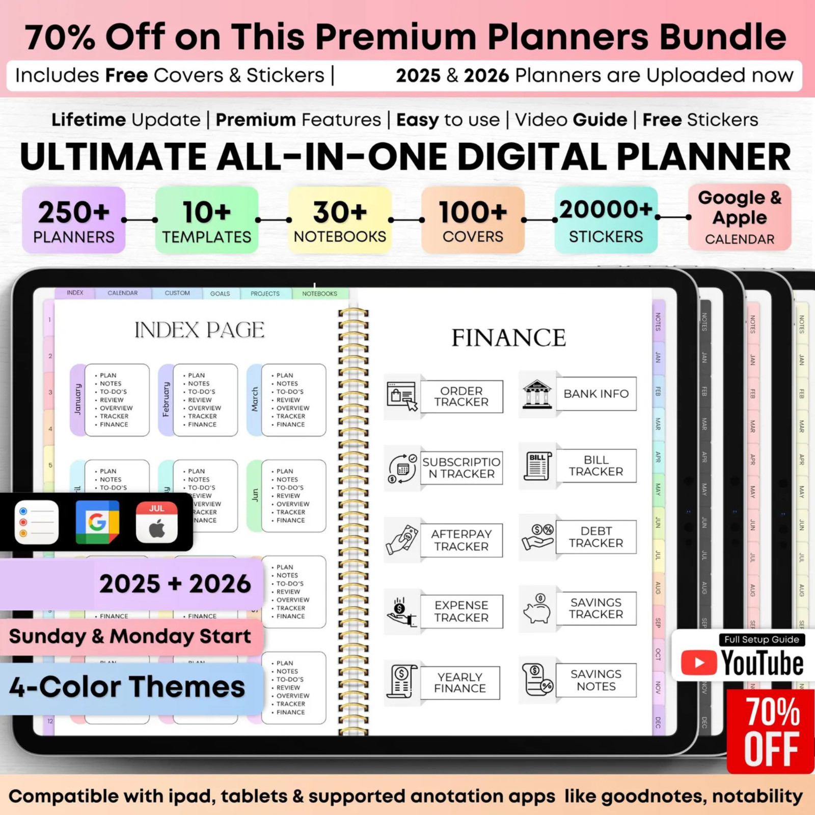 All-in-One Digital Planner 2025,2026, Undated Planner Bundle with Freebies