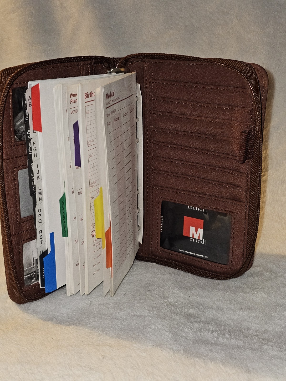 NEW Mundex Vintage Brown Faux Leather Wallet/ 6 Ring Planner. Zip Closure