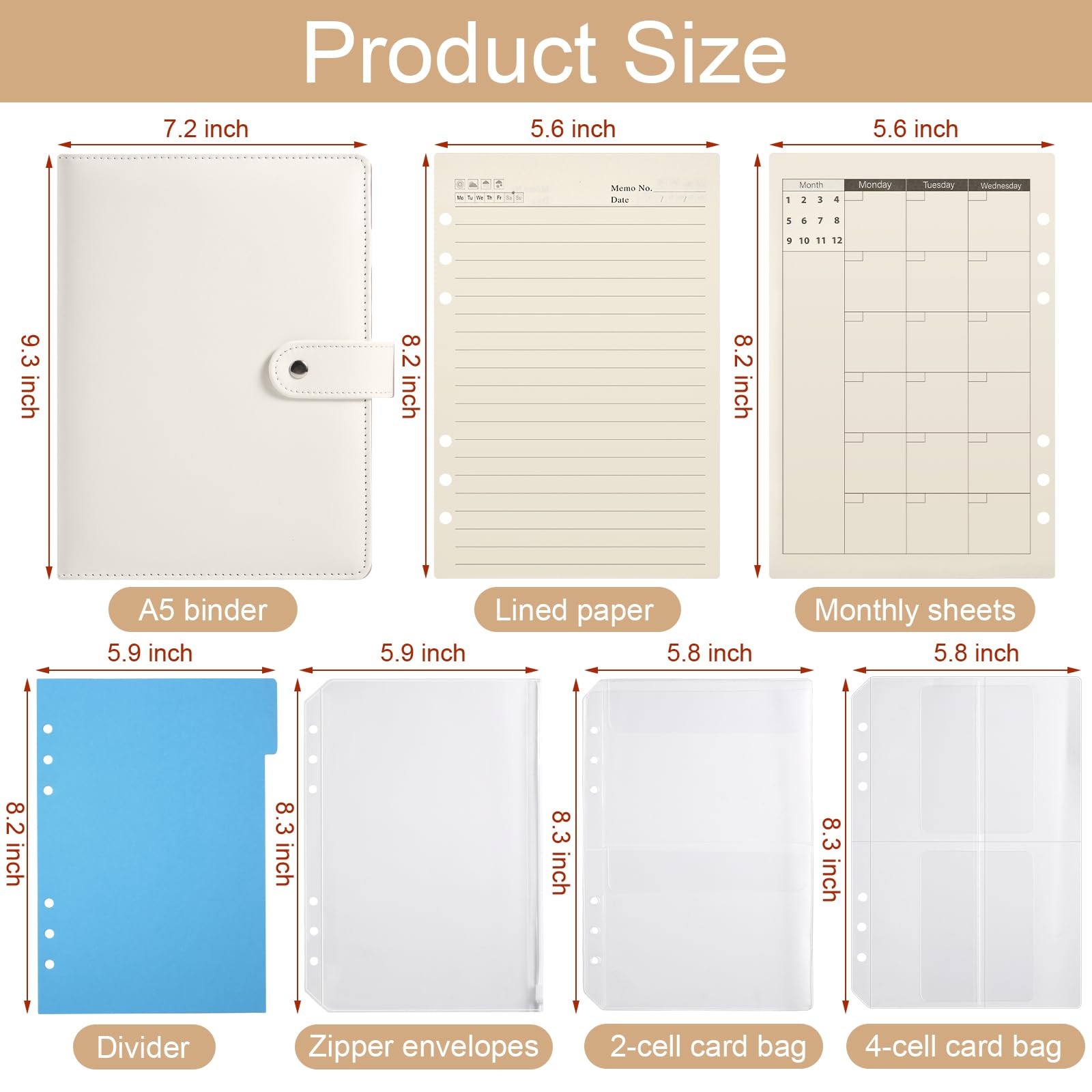 A5 6 Ring Planner Binder – Refillable PU Leather Notebook Organizer A5, Beige