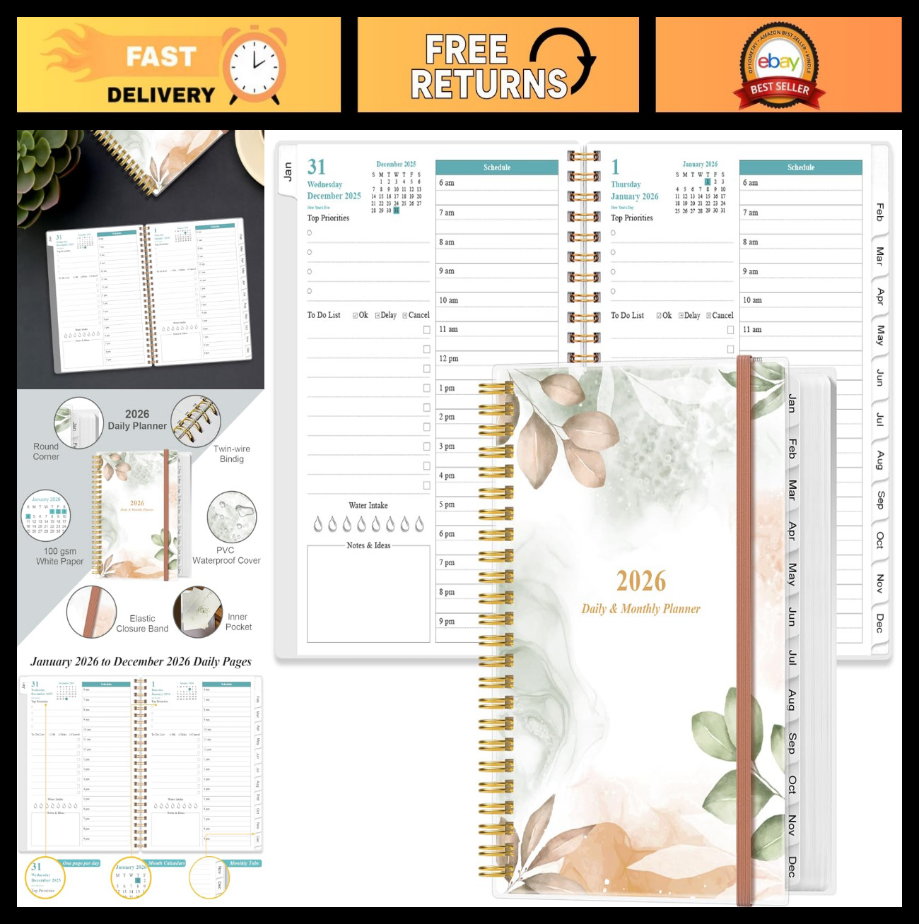 2026 Daily & Monthly Planner – One Page Per Day, 12 Monthly Tabs, 6.4″ x 8.5