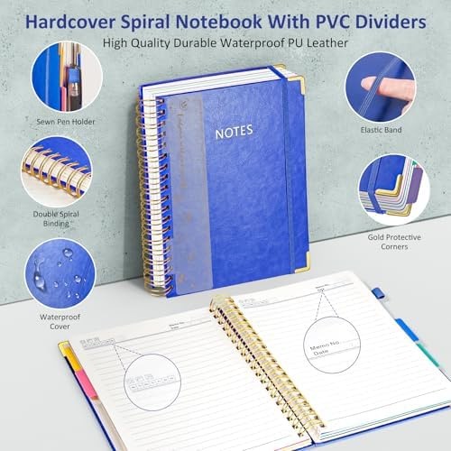 Hardcover Spiral Notebook Journal with Removable PVC Dividers – 8” x 10” La…