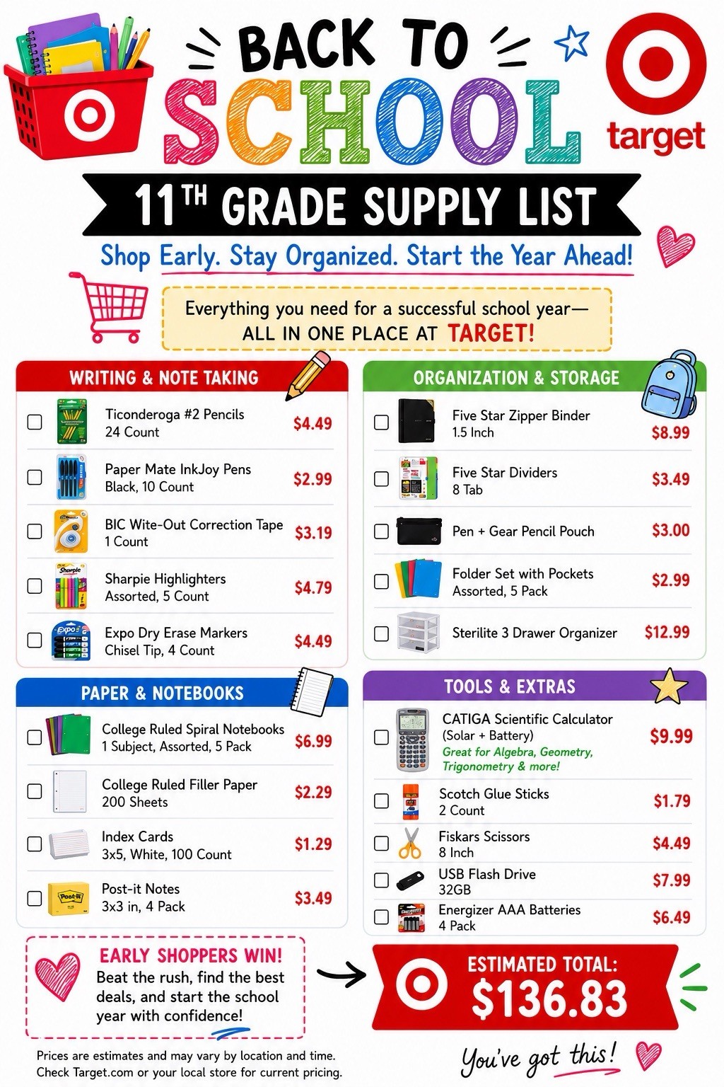11th Grade Back to School Supply List Target Printable PDF with Prices