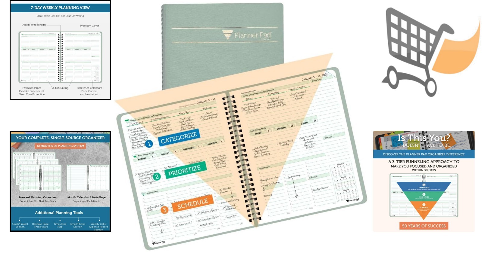 2026 Organizer Spiral Bound Calendar 12 Weekly Plan Green Grey