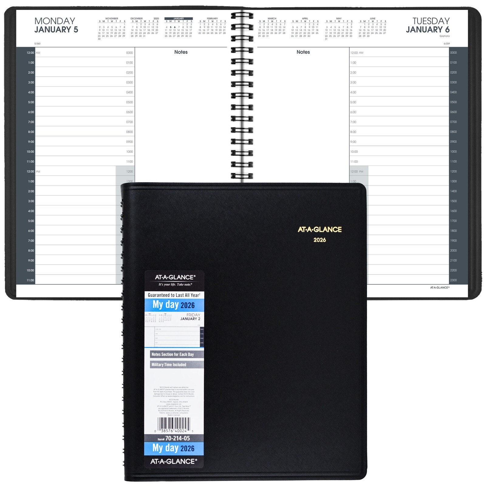 2026 At-A-Glance 70-214 24-Hour 7-Day Daily Appointment Book, 8-1/2 x 11″