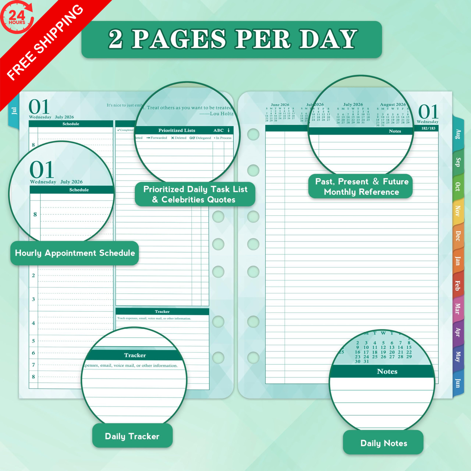 2026-2027 Planner Refills – Jul.2026 – Jun.2027, Two Pages Per Day A5, Green