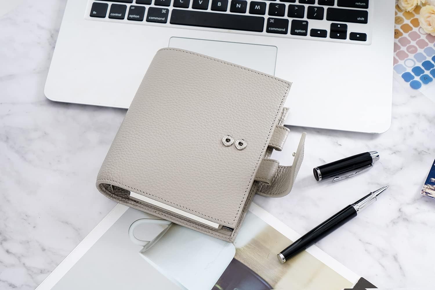 Pocket Luxe Planner – Genuine Leather Organizer with 30mm Rings in Pebble-Gray