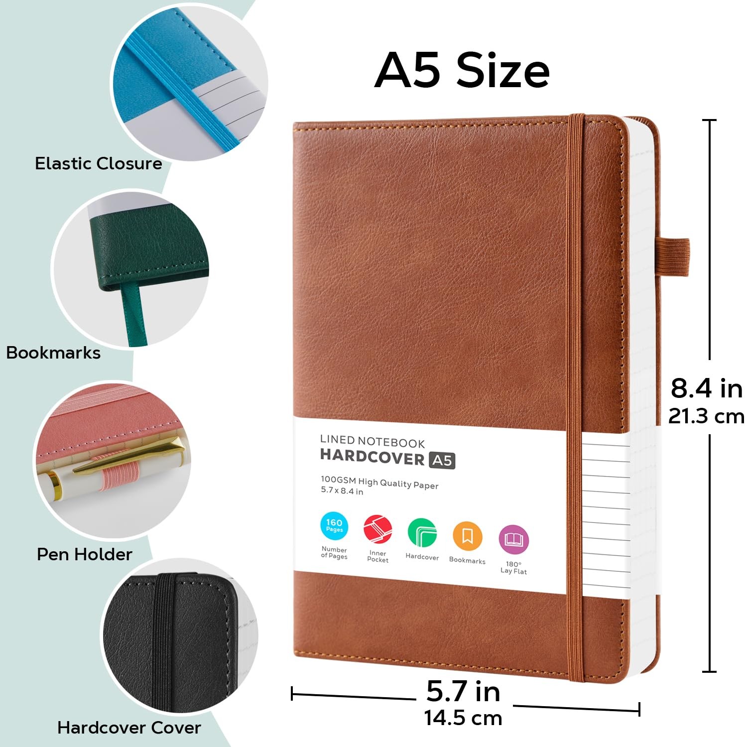Lined Journal Notebook, A5 (5.7” x 8.4″), 2 Pack Journaling A5, Black_Brow