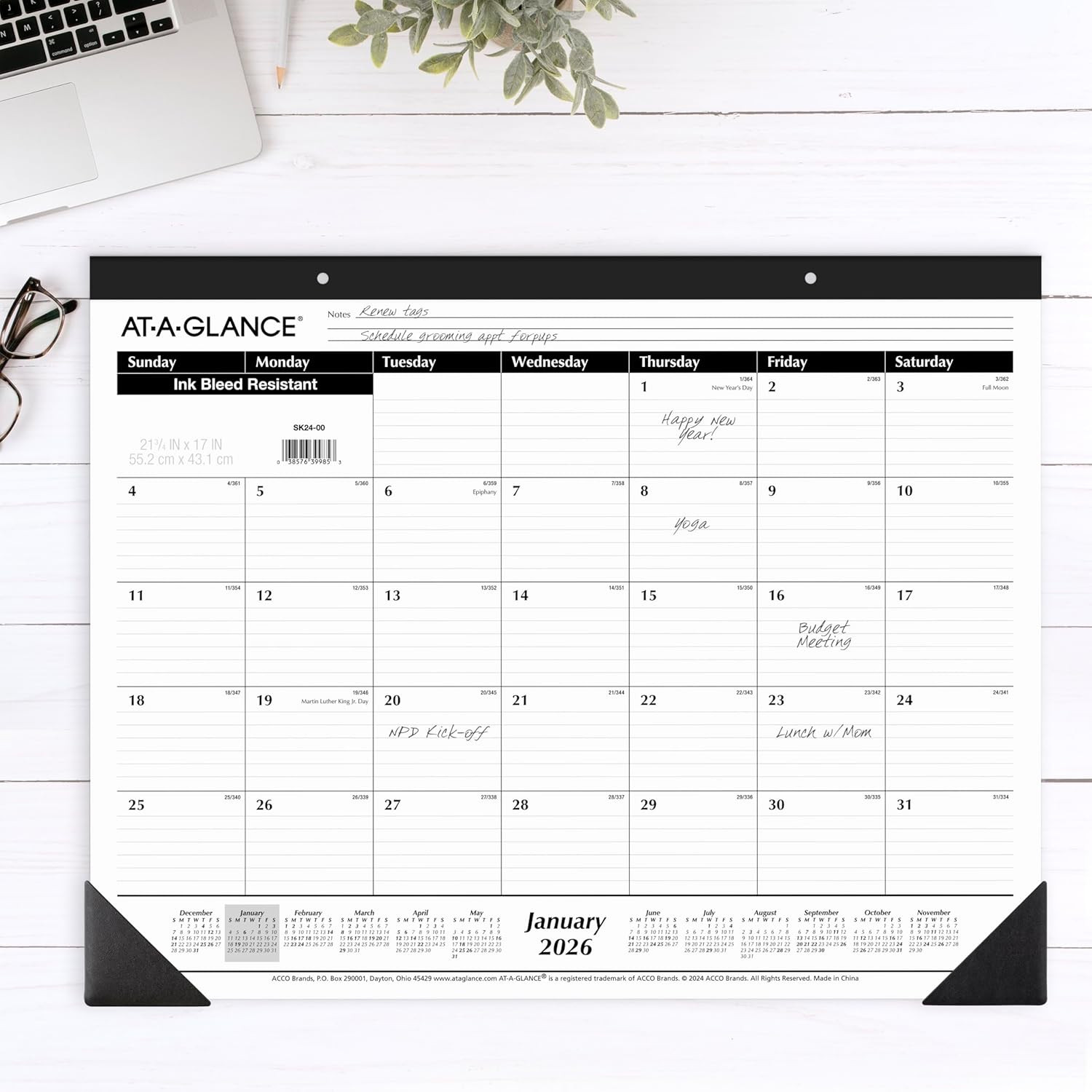 2026 Desk Calendar, Monthly, Desk Pad, 21-3/4″ X 17″, Large, Ruled Blocks (SK240